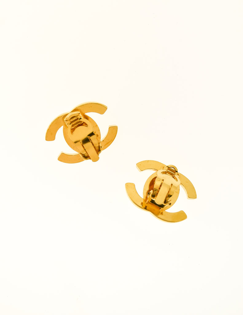 Chanel Vintage Turn-Lock Logo Clip On Earrings (Gold)