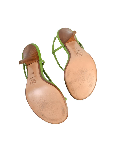 Chanel Vintage Ladybug Adorned Green Leather Strappy Slingback Sandal Heels