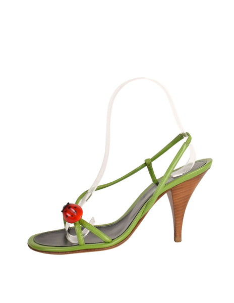 Chanel Vintage Ladybug Adorned Green Leather Strappy Slingback Sandal Heels