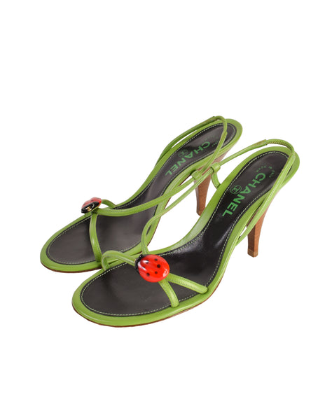 Chanel Vintage Ladybug Adorned Green Leather Strappy Slingback Sandal Heels