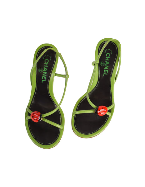 Chanel Vintage Ladybug Adorned Green Leather Strappy Slingback Sandal Heels