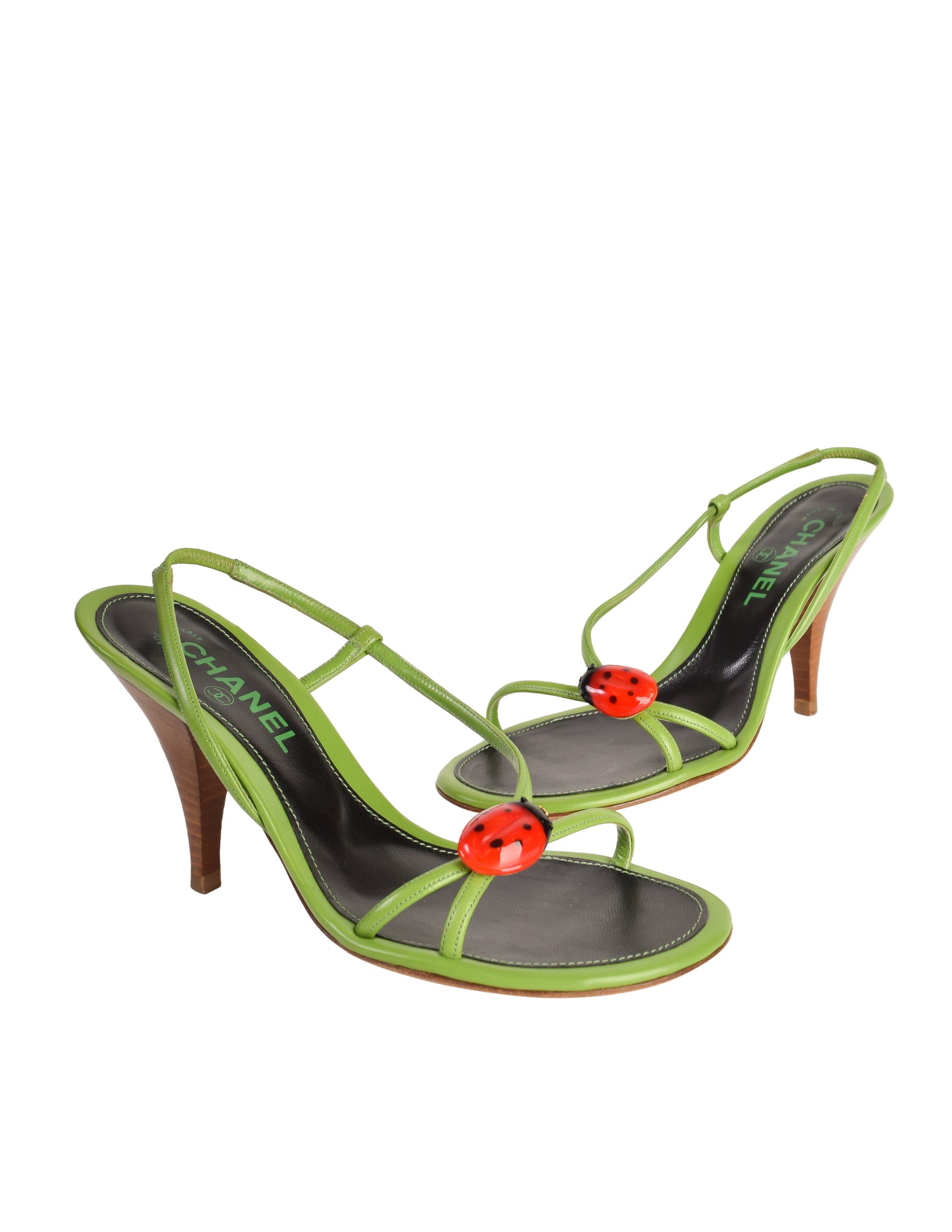 Chanel Vintage Ladybug Adorned Green Leather Strappy Slingback Sandal Heels