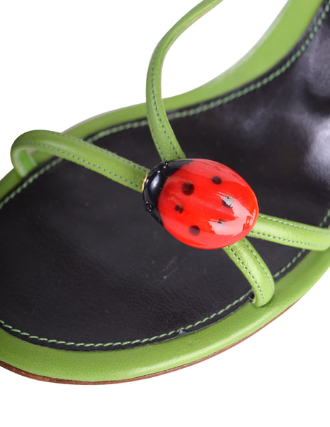 Chanel Vintage Ladybug Adorned Green Leather Strappy Slingback Sandal Heels