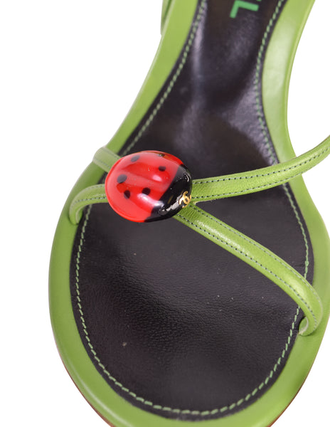 Chanel Vintage Ladybug Adorned Green Leather Strappy Slingback Sandal Heels