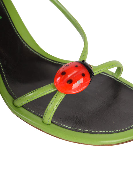 Chanel Vintage Ladybug Adorned Green Leather Strappy Slingback Sandal Heels