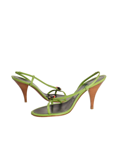Chanel Vintage Ladybug Adorned Green Leather Strappy Slingback Sandal Heels