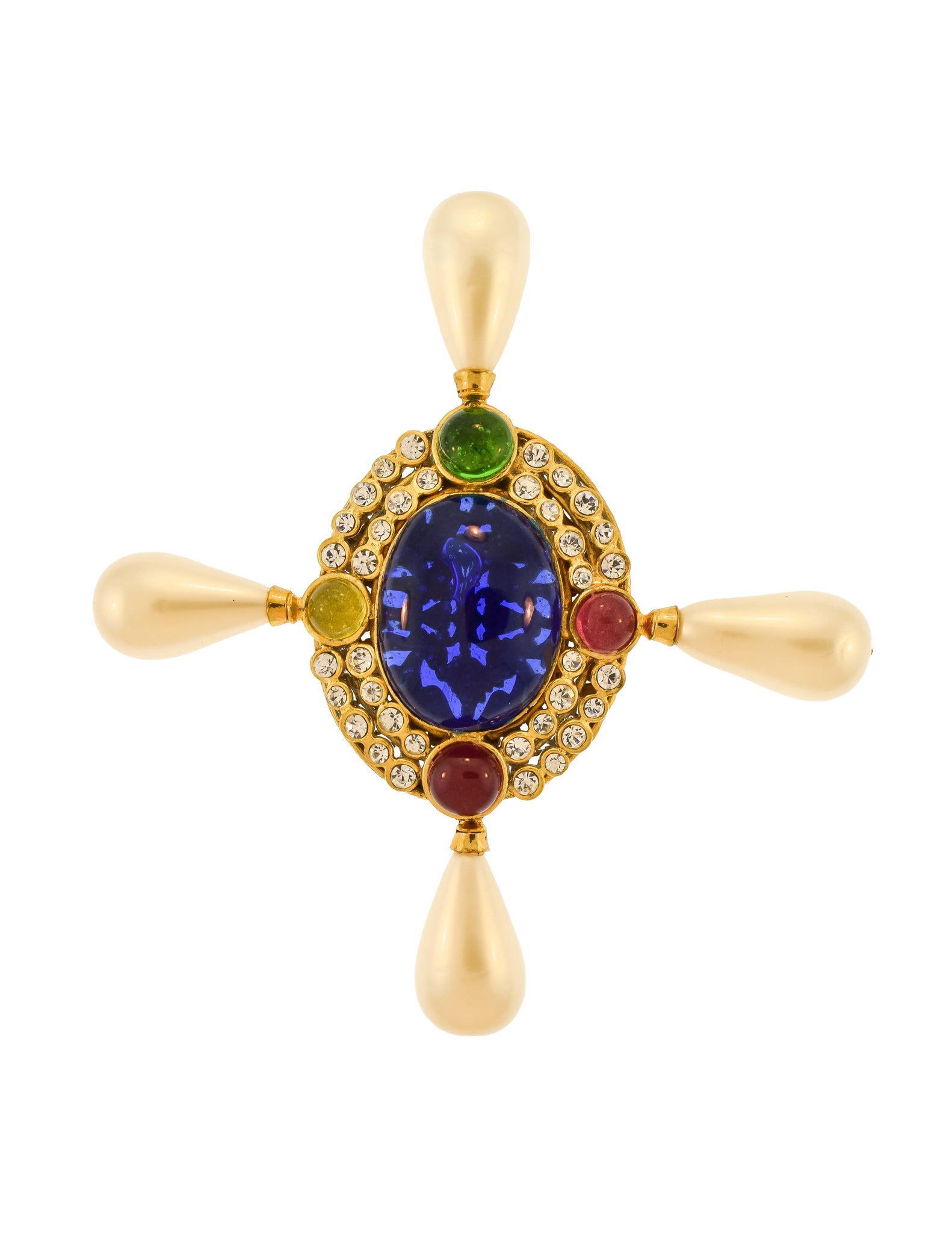 Chanel Vintage Multicolor Gripoix Four Point Pearl Cross Brooch Pin