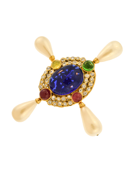Chanel Vintage Multicolor Gripoix Four Point Pearl Cross Brooch Pin