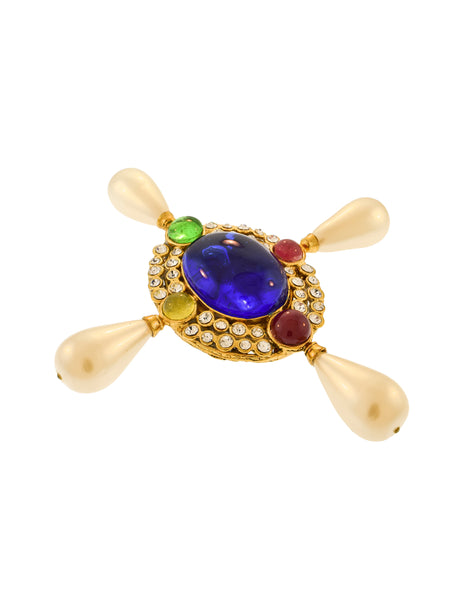 Chanel Vintage Multicolor Gripoix Four Point Pearl Cross Brooch Pin
