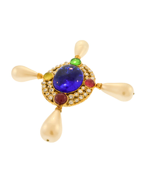 Chanel Vintage Multicolor Gripoix Four Point Pearl Cross Brooch Pin