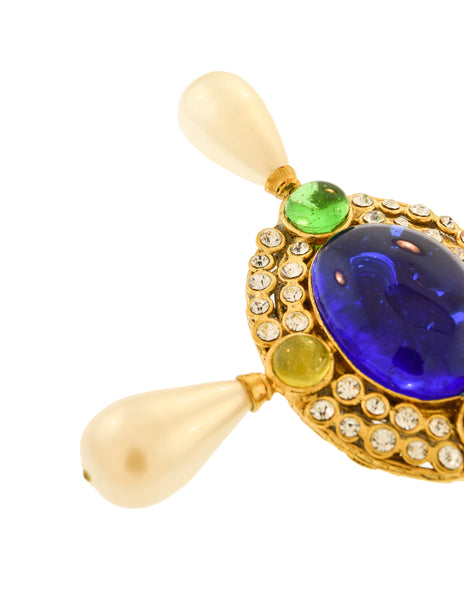 Chanel Vintage Multicolor Gripoix Four Point Pearl Cross Brooch Pin