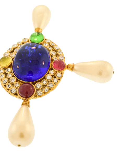 Chanel Vintage Multicolor Gripoix Four Point Pearl Cross Brooch Pin