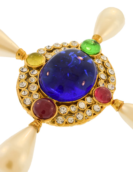 Chanel Vintage Multicolor Gripoix Four Point Pearl Cross Brooch Pin