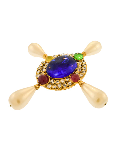 Chanel Vintage Multicolor Gripoix Four Point Pearl Cross Brooch Pin