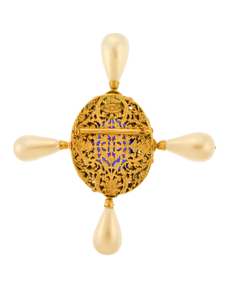 Chanel Vintage Multicolor Gripoix Four Point Pearl Cross Brooch Pin