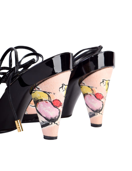Chanel Vintage Cruise 2004 Pink Ice Cream Print Black Patent Leather Ankle Wrap Bow Heels