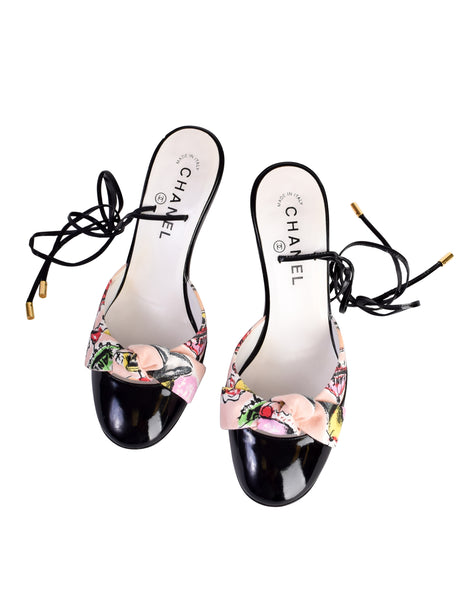 Chanel Vintage Cruise 2004 Pink Ice Cream Print Black Patent Leather Ankle Wrap Bow Heels