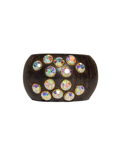 Chanel Vintage RARE Iridescent Rhinestone CC Logo Wood Cuff Bracelet
