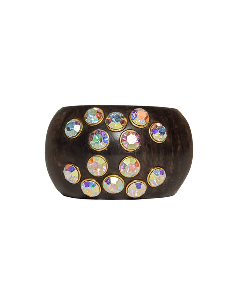 Chanel Vintage RARE Iridescent Rhinestone CC Logo Wood Cuff Bracelet