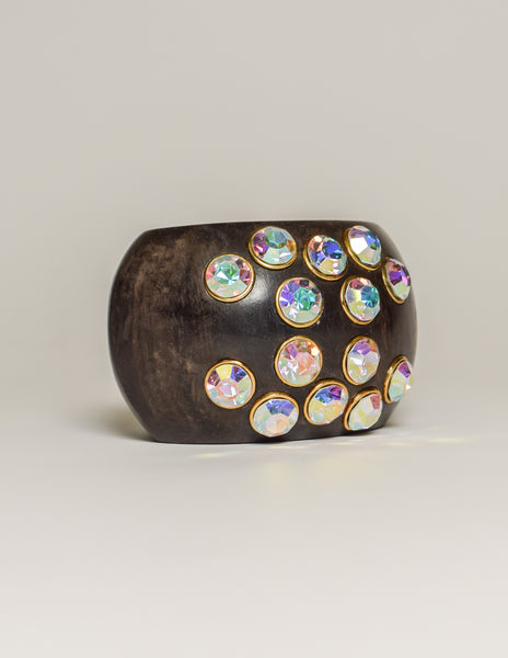 Chanel Vintage RARE Iridescent Rhinestone CC Logo Wood Cuff Bracelet