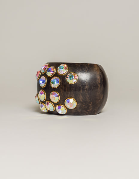 Chanel Vintage RARE Iridescent Rhinestone CC Logo Wood Cuff Bracelet