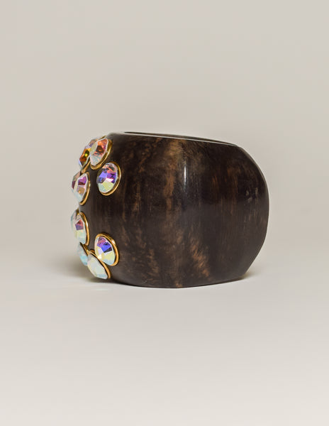 Chanel Vintage RARE Iridescent Rhinestone CC Logo Wood Cuff Bracelet