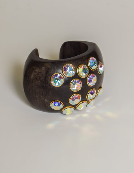 Chanel Vintage RARE Iridescent Rhinestone CC Logo Wood Cuff Bracelet