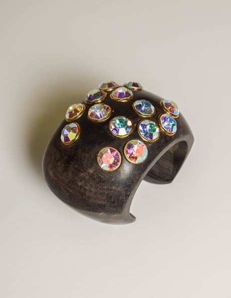Chanel Vintage RARE Iridescent Rhinestone CC Logo Wood Cuff Bracelet