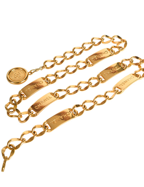 Chanel Vintage Gold Signature Namesake ID Plate Chain Necklace Belt