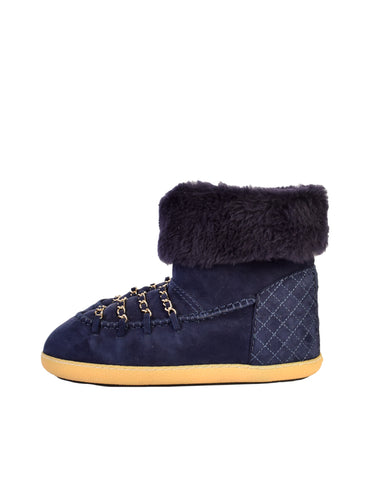 Chanel Vintage Blue Suede and Shearling Gold Chain CC Logo Short Snow Boots
