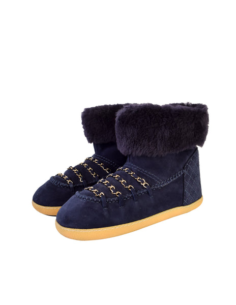 Chanel Vintage Blue Suede and Shearling Gold Chain CC Logo Short Snow Boots