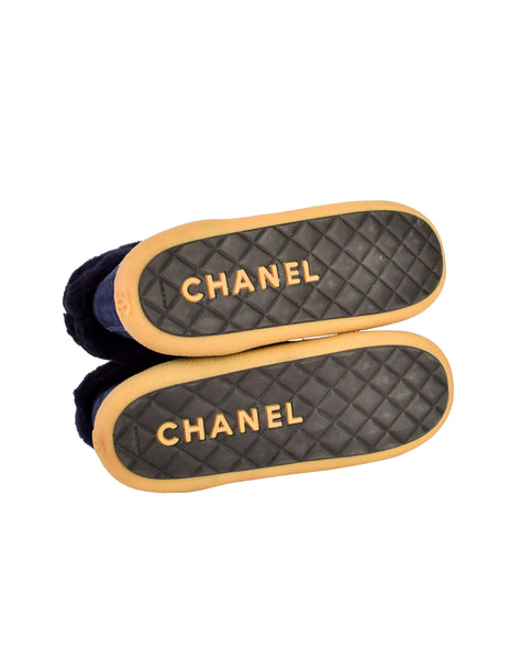 Chanel Vintage Blue Suede and Shearling Gold Chain CC Logo Short Snow Boots