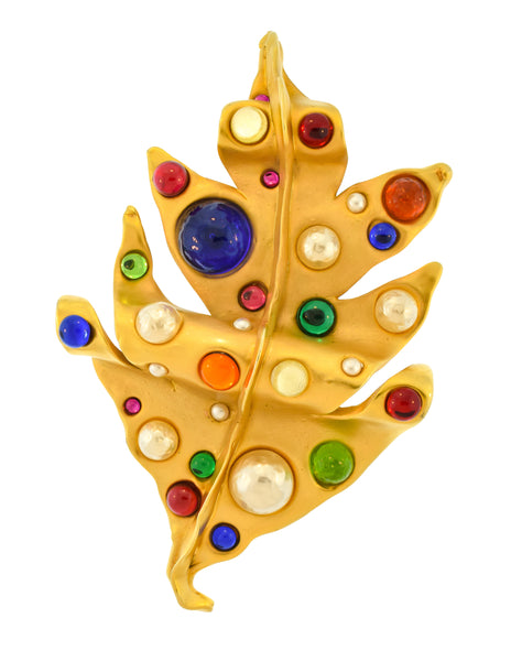 Chanel Vintage Multicolor Gem Pearl Oversized Leaf Brooch Pin