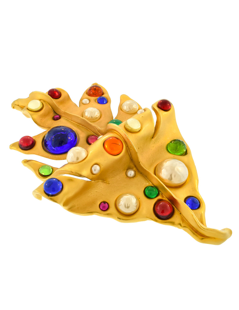 Chanel Vintage Multicolor Gem Pearl Oversized Leaf Brooch Pin Amarcord Vintage Fashion