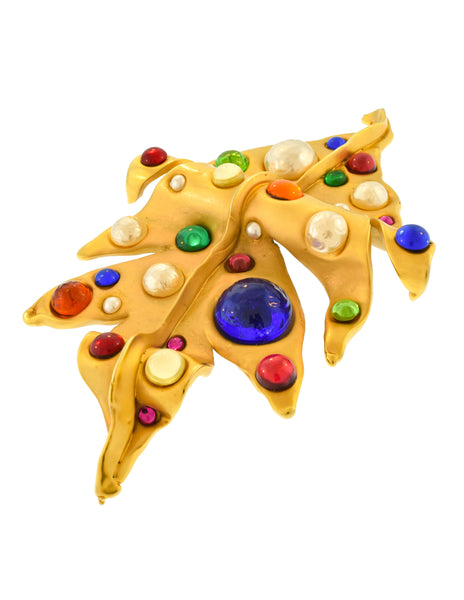 Chanel Vintage Multicolor Gem Pearl Oversized Leaf Brooch Pin