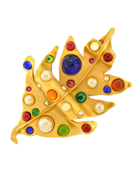 Chanel Vintage Multicolor Gem Pearl Oversized Leaf Brooch Pin