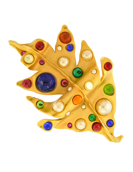 Chanel Vintage Multicolor Gem Pearl Oversized Leaf Brooch Pin