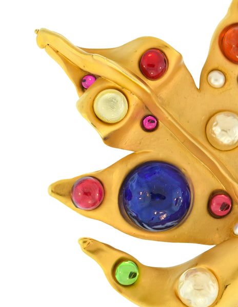 Chanel Vintage Multicolor Gem Pearl Oversized Leaf Brooch Pin