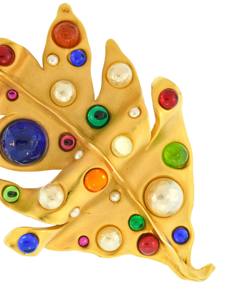 Chanel Vintage Multicolor Gem Pearl Oversized Leaf Brooch Pin