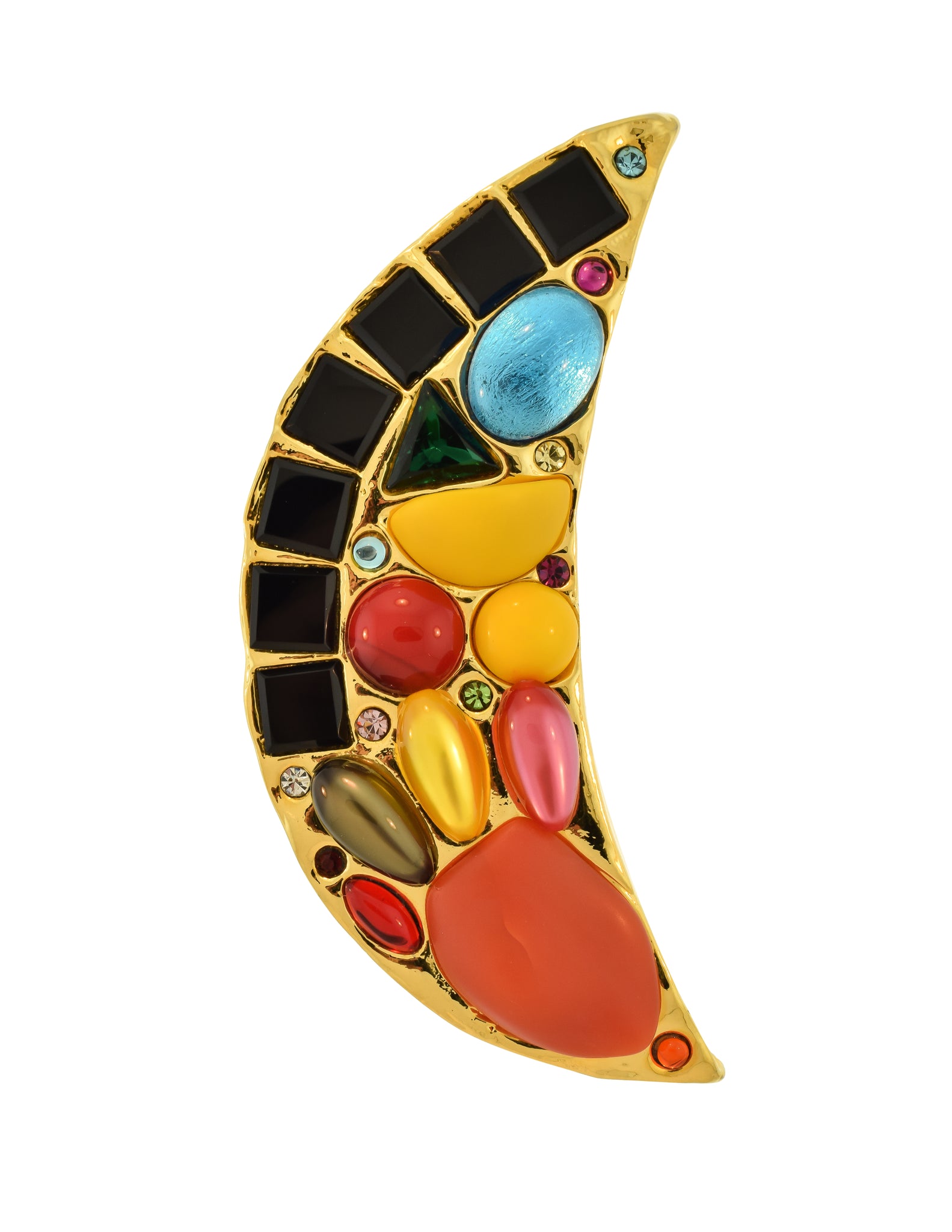 Chanel Vintage Oversized Multicolor Gem Gold Crescent Moon Brooch Pin