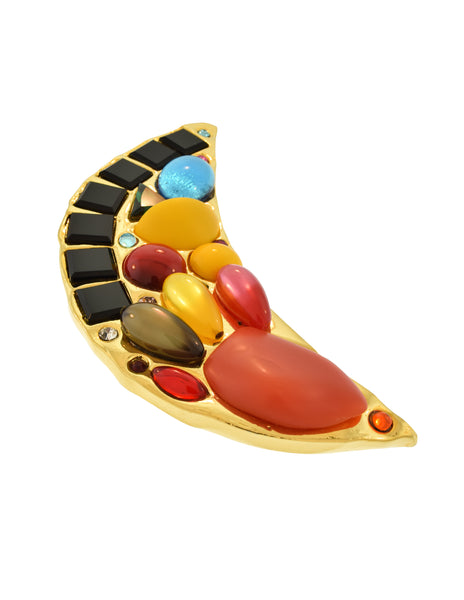 Chanel Vintage Oversized Multicolor Gem Gold Crescent Moon Brooch Pin