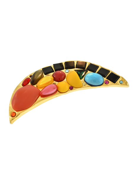 Chanel Vintage Oversized Multicolor Gem Gold Crescent Moon Brooch Pin