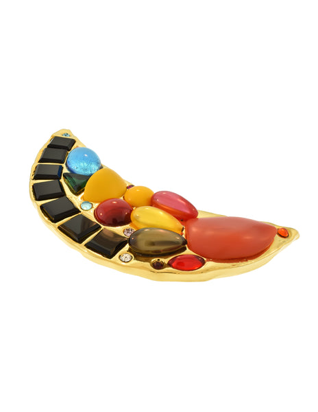 Chanel Vintage Oversized Multicolor Gem Gold Crescent Moon Brooch Pin