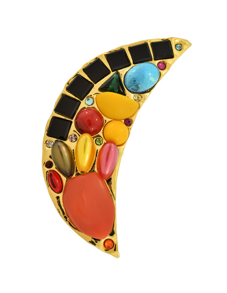 Chanel Vintage Oversized Multicolor Gem Gold Crescent Moon Brooch Pin
