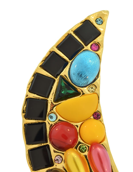Chanel Vintage Oversized Multicolor Gem Gold Crescent Moon Brooch Pin