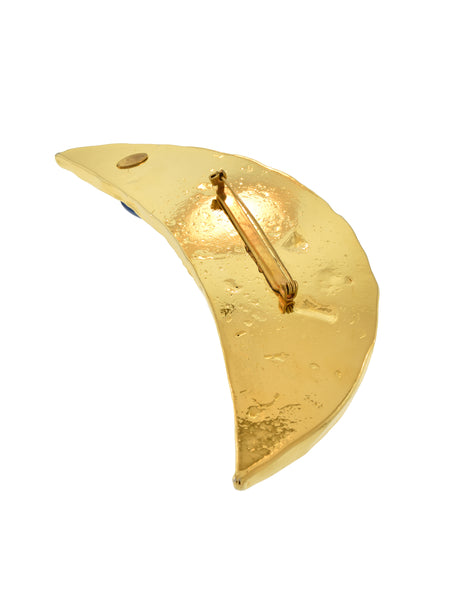 Chanel Vintage Oversized Multicolor Gem Gold Crescent Moon Brooch Pin