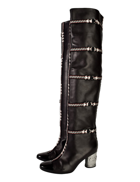 Chanel Vintage AW 2007 Black Lambskin Leather Tweed Detail Silver Metal Logo Heel Thigh High Boots