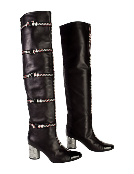 Chanel Vintage AW 2007 Black Lambskin Leather Tweed Detail Silver Metal Logo Heel Thigh High Boots