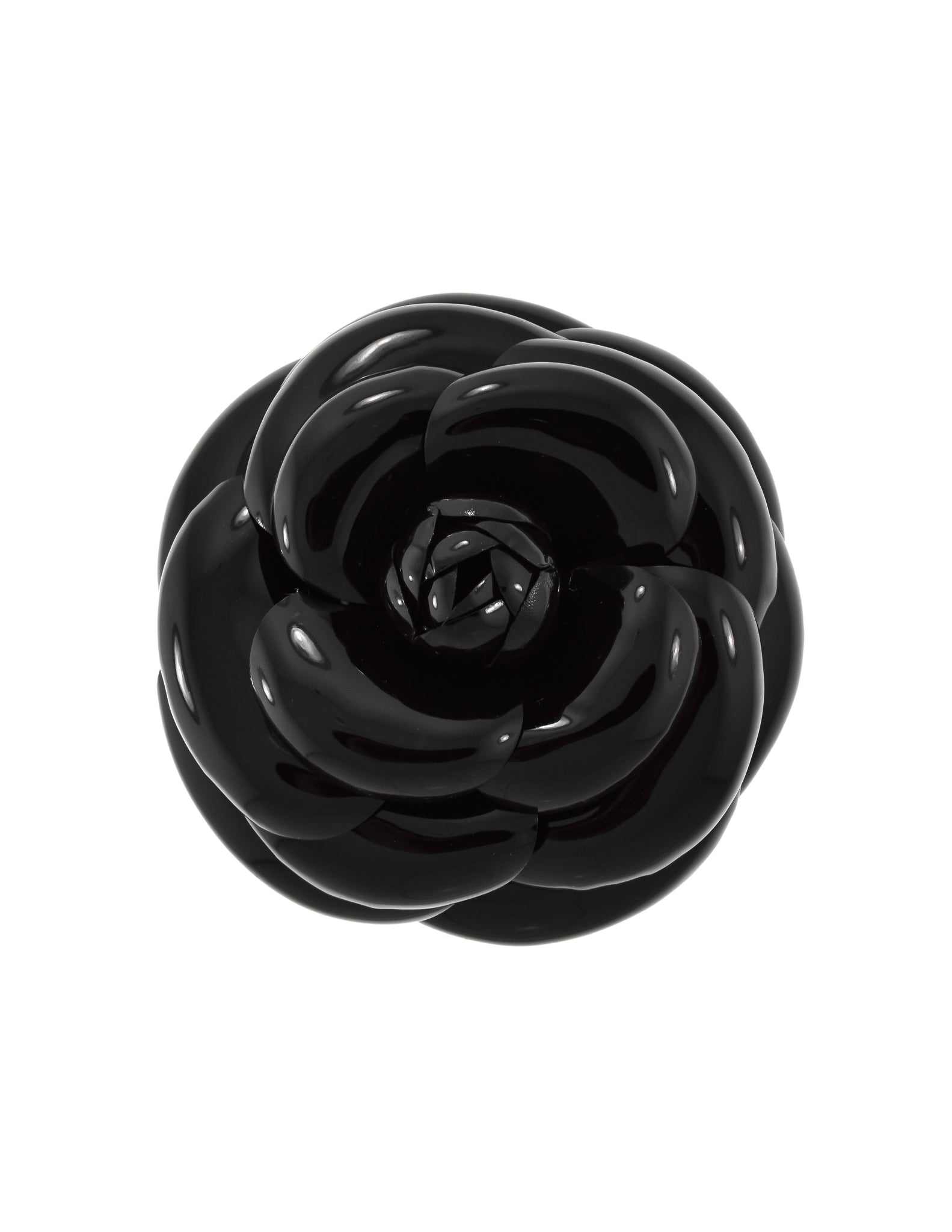 Chanel Vintage Shiny Black Patent Camellia Brooch Pin