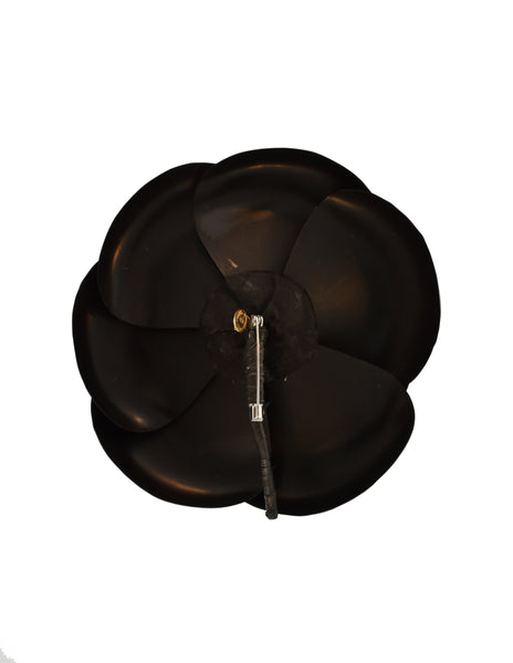 Chanel Vintage Shiny Black Patent Camellia Brooch Pin